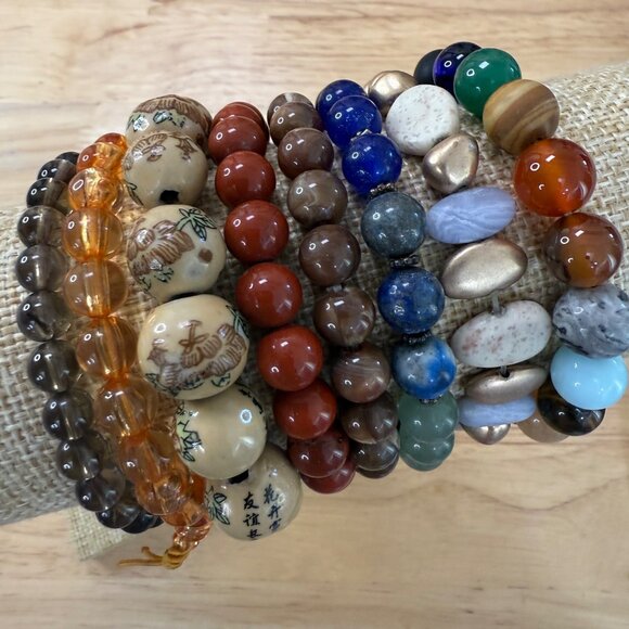 Earth Tone Stretch Bracelet Lot Set Of 10 Beaded Stone & Glass Accessories For W - Picture 7 of 9